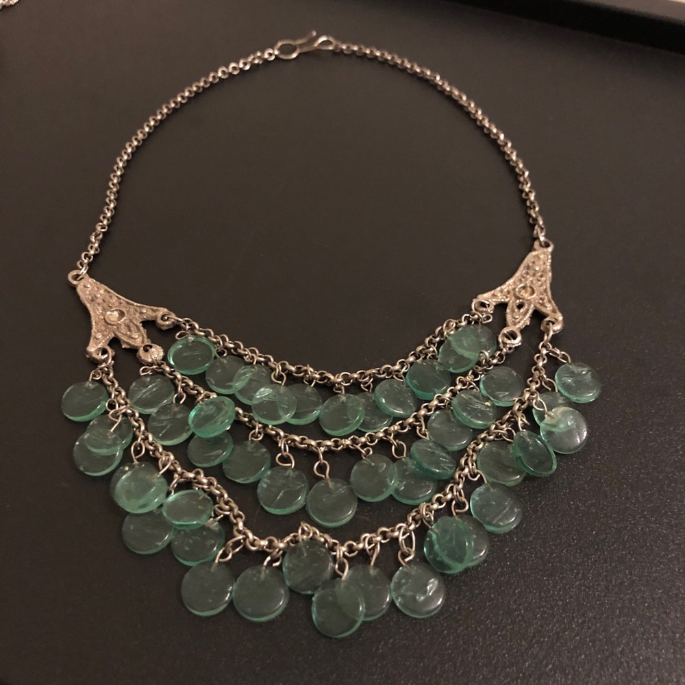 Silver-Tone Multi Strand Green Disc Statement Necklace